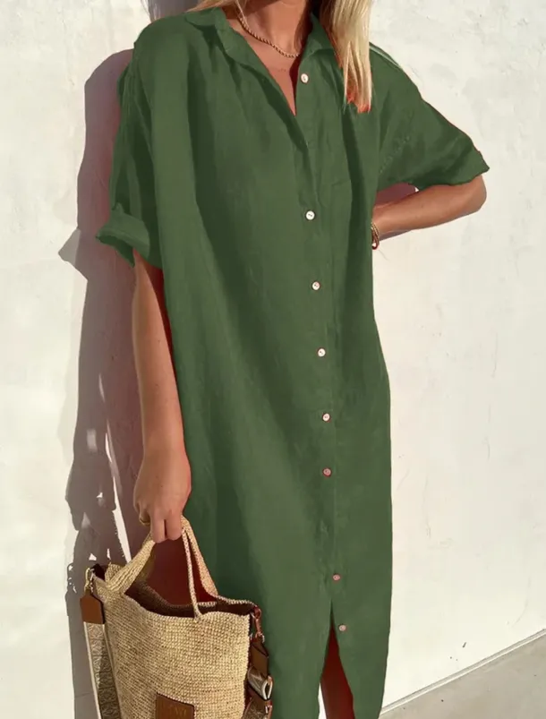 Women's Midi Dress Linen-Inspired Dresses Shirt Dress Casual Dress Cotton Linen Dress Casual Daily Loose Fit Plain Short Sleeve Shirt Collar ArmyGreen Black Red Blue Summer Spring Fall