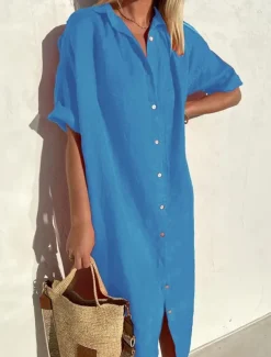 Women's Midi Dress Linen-Inspired Dresses Shirt Dress Casual Dress Cotton Linen Dress Casual Daily Loose Fit Plain Short Sleeve Shirt Collar ArmyGreen Black Red Blue Summer Spring Fall