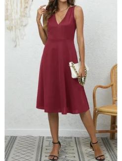 Women's Midi Dress Party Dress Cocktail Dress Fashion Party Birthday Date Regular Fit Plain Sleeveless V Neck Black Wine Blue Dark Green Summer