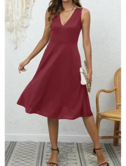 Women's Midi Dress Party Dress Cocktail Dress Fashion Party Birthday Date Regular Fit Plain Sleeveless V Neck Black Wine Blue Dark Green Summer
