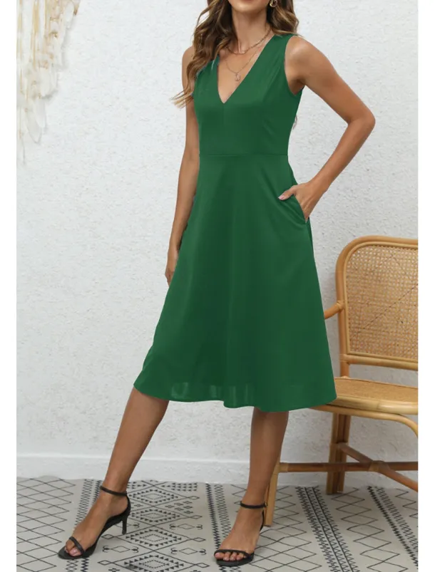 Women's Midi Dress Party Dress Cocktail Dress Fashion Party Birthday Date Regular Fit Plain Sleeveless V Neck Black Wine Blue Dark Green Summer