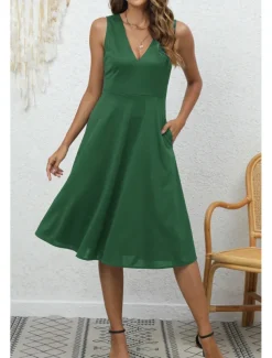 Women's Midi Dress Party Dress Cocktail Dress Fashion Party Birthday Date Regular Fit Plain Sleeveless V Neck Black Wine Blue Dark Green Summer