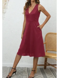 Women's Midi Dress Party Dress Cocktail Dress Fashion Party Birthday Date Regular Fit Plain Sleeveless V Neck Black Wine Blue Dark Green Summer