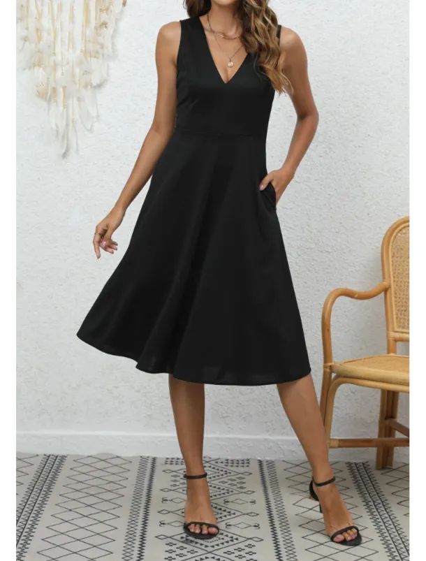 Women's Midi Dress Party Dress Cocktail Dress Fashion Party Birthday Date Regular Fit Plain Sleeveless V Neck Black Wine Blue Dark Green Summer
