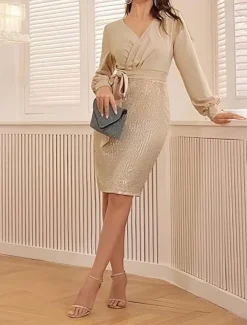 Women's Midi Dress Sequin Dress Wedding Guest Dress Elegant Fashion Modern Wedding Guest Spring Dress Festival Regular Fit Pure Color Long Sleeve V Neck Gold Spring Fall Autumn