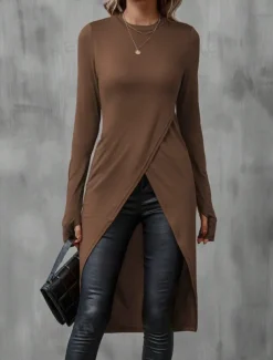 Women's Midi Dress Sheath Dress Wrap Dress Casual Daily Slim Plain Long Sleeve Crew Neck Black Brown Summer Spring Fall