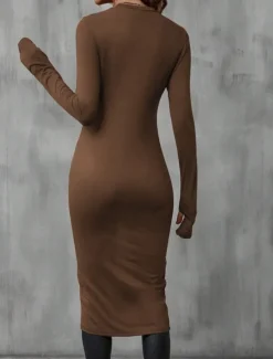 Women's Midi Dress Sheath Dress Wrap Dress Casual Daily Slim Plain Long Sleeve Crew Neck Black Brown Summer Spring Fall
