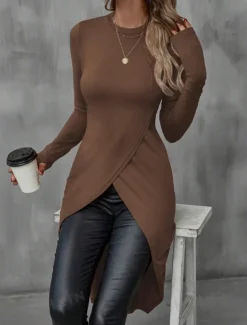 Women's Midi Dress Sheath Dress Wrap Dress Casual Daily Slim Plain Long Sleeve Crew Neck Black Brown Summer Spring Fall