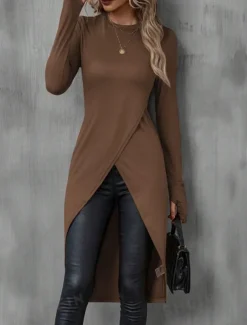 Women's Midi Dress Sheath Dress Wrap Dress Casual Daily Slim Plain Long Sleeve Crew Neck Black Brown Summer Spring Fall