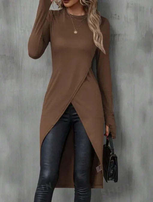 Women's Midi Dress Sheath Dress Wrap Dress Casual Daily Slim Plain Long Sleeve Crew Neck Black Brown Summer Spring Fall
