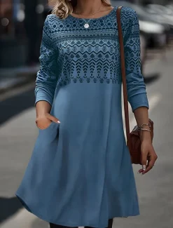 Women's Midi Dress Sheath Dress T Shirt Dress Tee Dress A Line Dress Athletic Dress Vacation Casual Boho Daily Regular Fit Graphic Geometric Houndstooth Long Sleeve Crew Neck Blue Khaki Gray Summer