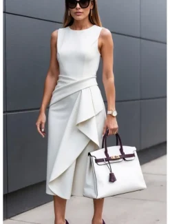 Women's Midi Dress Sheath Dress Summer Dress Ruched Dress Elegant Date Summer Dress Regular Fit Pure Color Sleeveless Crew Neck White Blue Purple Summer