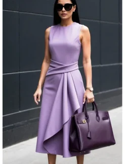 Women's Midi Dress Sheath Dress Summer Dress Ruched Dress Elegant Date Summer Dress Regular Fit Pure Color Sleeveless Crew Neck White Blue Purple Summer
