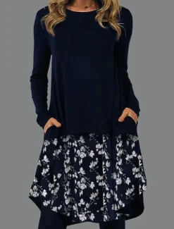 Women's Midi Dress Sheath Dress T Shirt Dress Tee Dress A Line Dress Athletic Dress Vacation Casual Boho Daily Regular Fit Graphic Geometric Houndstooth Long Sleeve Crew Neck Red Blue Gold Gray