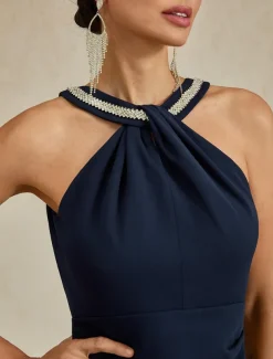 Women's Midi Dress Sheath Dress Elegant Wedding Party Wedding Guest Regular Fit Solid Color Sleeveless Halter Neck Off Shoulder Navy Blue Fall Winter