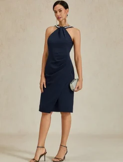 Women's Midi Dress Sheath Dress Elegant Wedding Party Wedding Guest Regular Fit Solid Color Sleeveless Halter Neck Off Shoulder Navy Blue Fall Winter