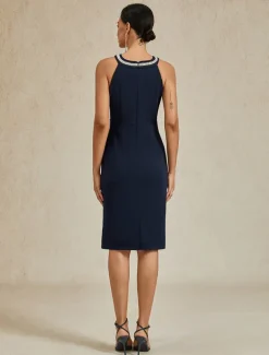 Women's Midi Dress Sheath Dress Elegant Wedding Party Wedding Guest Regular Fit Solid Color Sleeveless Halter Neck Off Shoulder Navy Blue Fall Winter