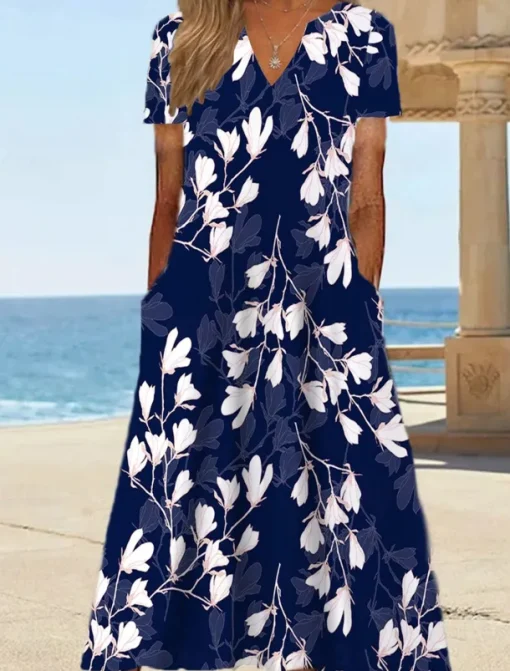 Women's Midi Dress Shift Dress Sundress Floral Pocket Print V Neck Date Vacation Short Sleeve Summer Spring