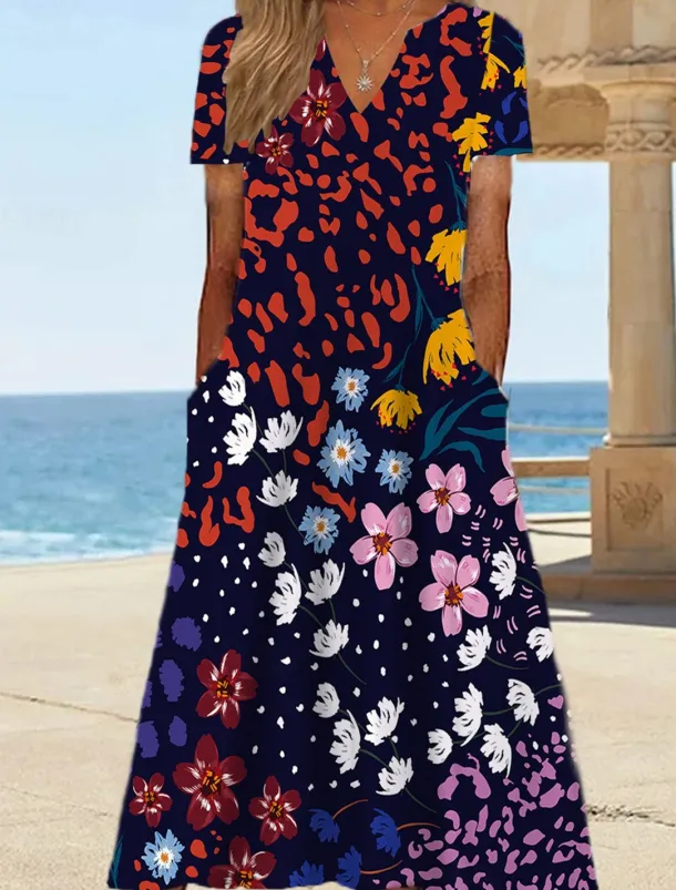 Women's Midi Dress Shift Dress Sundress Floral Pocket Print V Neck Date Vacation Short Sleeve Summer Spring