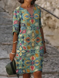 Women's Midi Dress Shift Dress Summer Dress Print Dress Active Fashion Streetwear Outdoor Daily Date Regular Fit Graphic Half Sleeve Split Neck Green Summer Spring