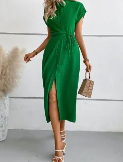 Women's Midi Dress Shirt Dress Casual Dress Wrap Dress Stylish Basic Casual Vacation Daily Regular Fit Plain Short Sleeve Shirt Collar Black Green Summer Spring