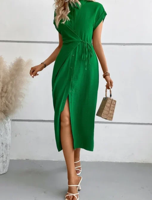 Women's Midi Dress Shirt Dress Casual Dress Wrap Dress Stylish Basic Casual Vacation Daily Regular Fit Plain Short Sleeve Shirt Collar Black Green Summer Spring