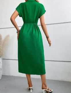 Women's Midi Dress Shirt Dress Casual Dress Wrap Dress Stylish Basic Casual Vacation Daily Regular Fit Plain Short Sleeve Shirt Collar Black Green Summer Spring