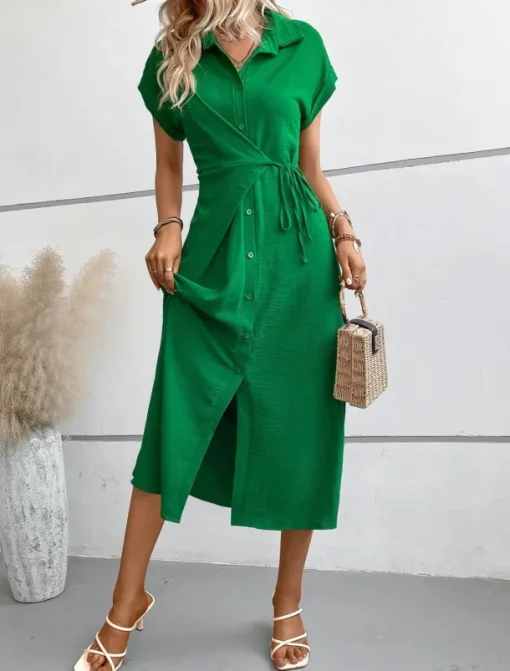 Women's Midi Dress Shirt Dress Casual Dress Wrap Dress Stylish Basic Casual Vacation Daily Regular Fit Plain Short Sleeve Shirt Collar Black Green Summer Spring