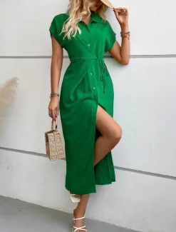 Women's Midi Dress Shirt Dress Casual Dress Wrap Dress Stylish Basic Casual Vacation Daily Regular Fit Plain Short Sleeve Shirt Collar Black Green Summer Spring