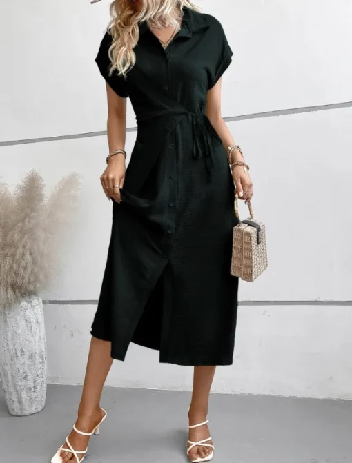 Women's Midi Dress Shirt Dress Casual Dress Wrap Dress Stylish Basic Casual Vacation Daily Regular Fit Plain Short Sleeve Shirt Collar Black Green Summer Spring