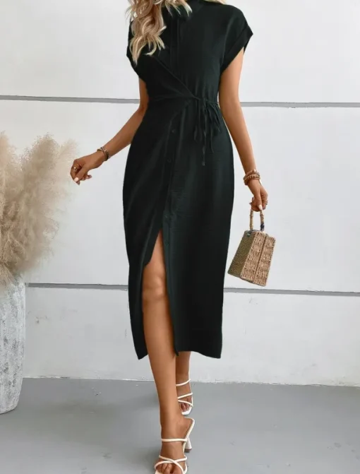 Women's Midi Dress Shirt Dress Casual Dress Wrap Dress Stylish Basic Casual Vacation Daily Regular Fit Plain Short Sleeve Shirt Collar Black Green Summer Spring