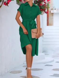 Women's Midi Dress Shirt Dress Casual Dress A Line Dress Stylish Formal Work Daily Regular Fit Plain Short Sleeve Shirt Collar Pink Green Summer Spring
