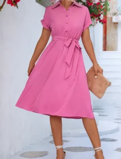 Women's Midi Dress Shirt Dress Casual Dress A Line Dress Stylish Formal Work Daily Regular Fit Plain Short Sleeve Shirt Collar Pink Green Summer Spring