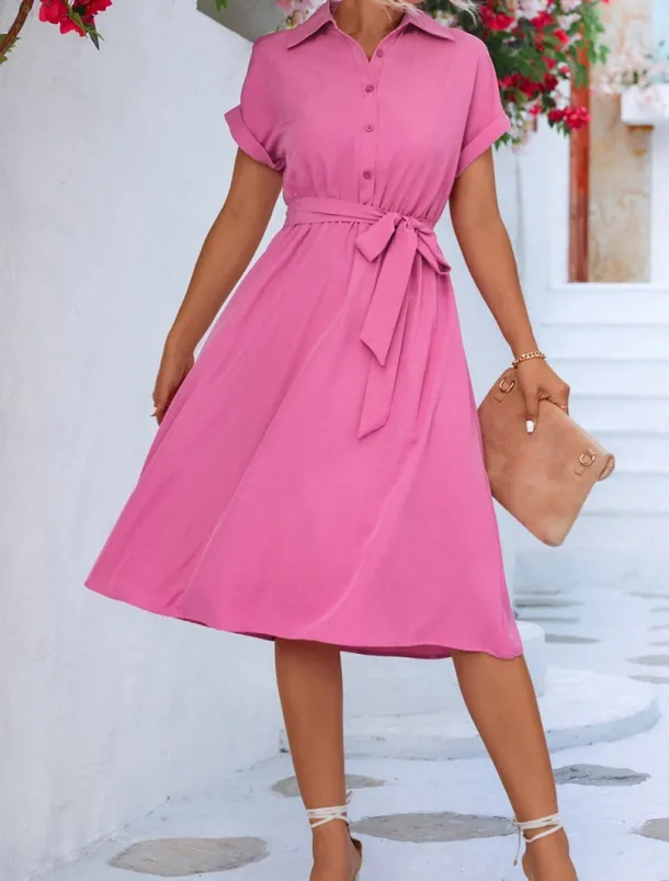 Women's Midi Dress Shirt Dress Casual Dress A Line Dress Stylish Formal Work Daily Regular Fit Plain Short Sleeve Shirt Collar Pink Green Summer Spring