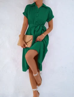 Women's Midi Dress Shirt Dress Casual Dress A Line Dress Stylish Formal Work Daily Regular Fit Plain Short Sleeve Shirt Collar Pink Green Summer Spring