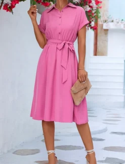 Women's Midi Dress Shirt Dress Casual Dress A Line Dress Stylish Formal Work Daily Regular Fit Plain Short Sleeve Shirt Collar Pink Green Summer Spring