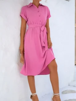 Women's Midi Dress Shirt Dress Casual Dress A Line Dress Stylish Formal Work Daily Regular Fit Plain Short Sleeve Shirt Collar Pink Green Summer Spring