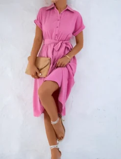 Women's Midi Dress Shirt Dress Casual Dress A Line Dress Stylish Formal Work Daily Regular Fit Plain Short Sleeve Shirt Collar Pink Green Summer Spring