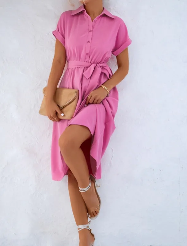 Women's Midi Dress Shirt Dress Casual Dress A Line Dress Stylish Formal Work Daily Regular Fit Plain Short Sleeve Shirt Collar Pink Green Summer Spring