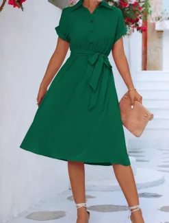 Women's Midi Dress Shirt Dress Casual Dress A Line Dress Stylish Formal Work Daily Regular Fit Plain Short Sleeve Shirt Collar Pink Green Summer Spring