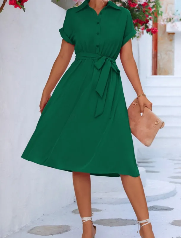 Women's Midi Dress Shirt Dress Casual Dress A Line Dress Stylish Formal Work Daily Regular Fit Plain Short Sleeve Shirt Collar Pink Green Summer Spring