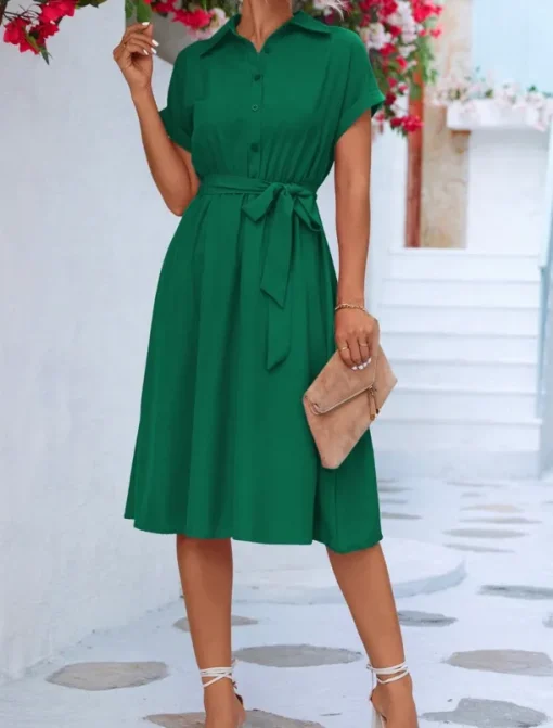 Women's Midi Dress Shirt Dress Casual Dress A Line Dress Stylish Formal Work Daily Regular Fit Plain Short Sleeve Shirt Collar Pink Green Summer Spring