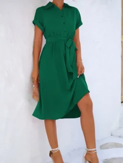 Women's Midi Dress Shirt Dress Casual Dress A Line Dress Stylish Formal Work Daily Regular Fit Plain Short Sleeve Shirt Collar Pink Green Summer Spring