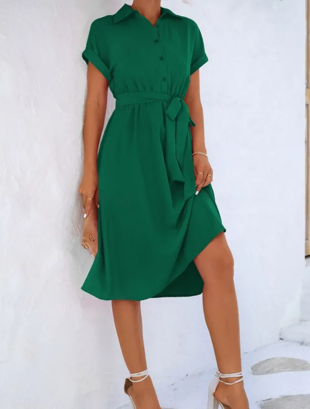 Women's Midi Dress Shirt Dress Casual Dress A Line Dress Stylish Formal Work Daily Regular Fit Plain Short Sleeve Shirt Collar Pink Green Summer Spring