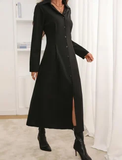 Women's Midi Dress Shirt Dress Casual Dress Fashion Modern Daily Date Weekend Regular Fit Plain Long Sleeve Shirt Collar Black Summer Spring