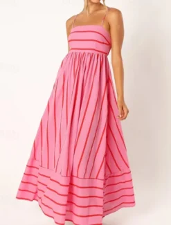 Women's Midi Dress Slip Dress Classic Modern Outdoor Vacation Holiday Regular Fit Striped Sleeveless Spaghetti Strap Yellow Light Green Wine Red Summer