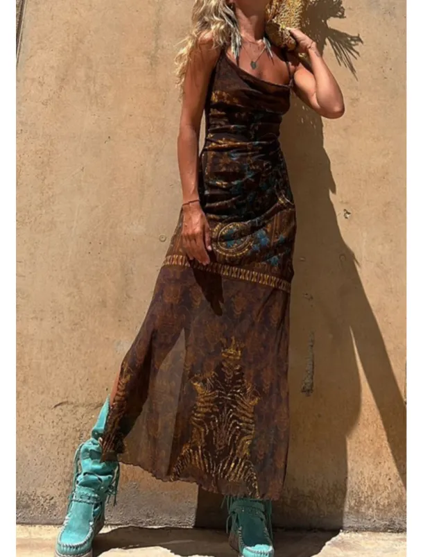 Women's Midi Dress Slip Dress Fashion Weekend Summer Dress Regular Fit Flower Sleeveless Spaghetti Strap Red Blue Brown Summer