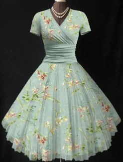 Women's Midi Dress Summer Dress Fit And Flare Dress Vacation Party Casual Wedding Party Wedding Guest Regular Fit Floral Graphic Short Sleeve V Neck Black Pink Green Beige Summer