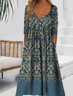 Women's Midi Dress Summer Dress Pleated Dress Vacation Casual Beach Holiday Regular Fit Floral Graphic Short Sleeve Crew Neck White Blue Light Blue Summer