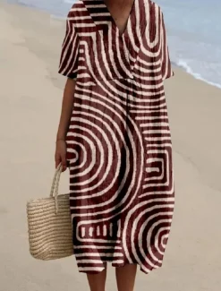 Women's Midi Dress Sundress A Line Dress Vacation Casual Beach linen like Going out Loose Fit Short Sleeve V Neck claret Orange off-white Dark Gray